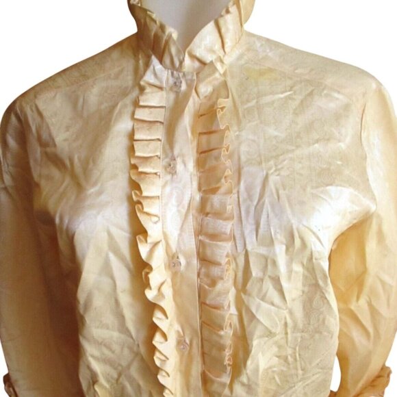 Vintage 1960's True Mod Blouse Yellow Ruffled With 3/4 Sleeves & High Neckline - Picture 1 of 9
